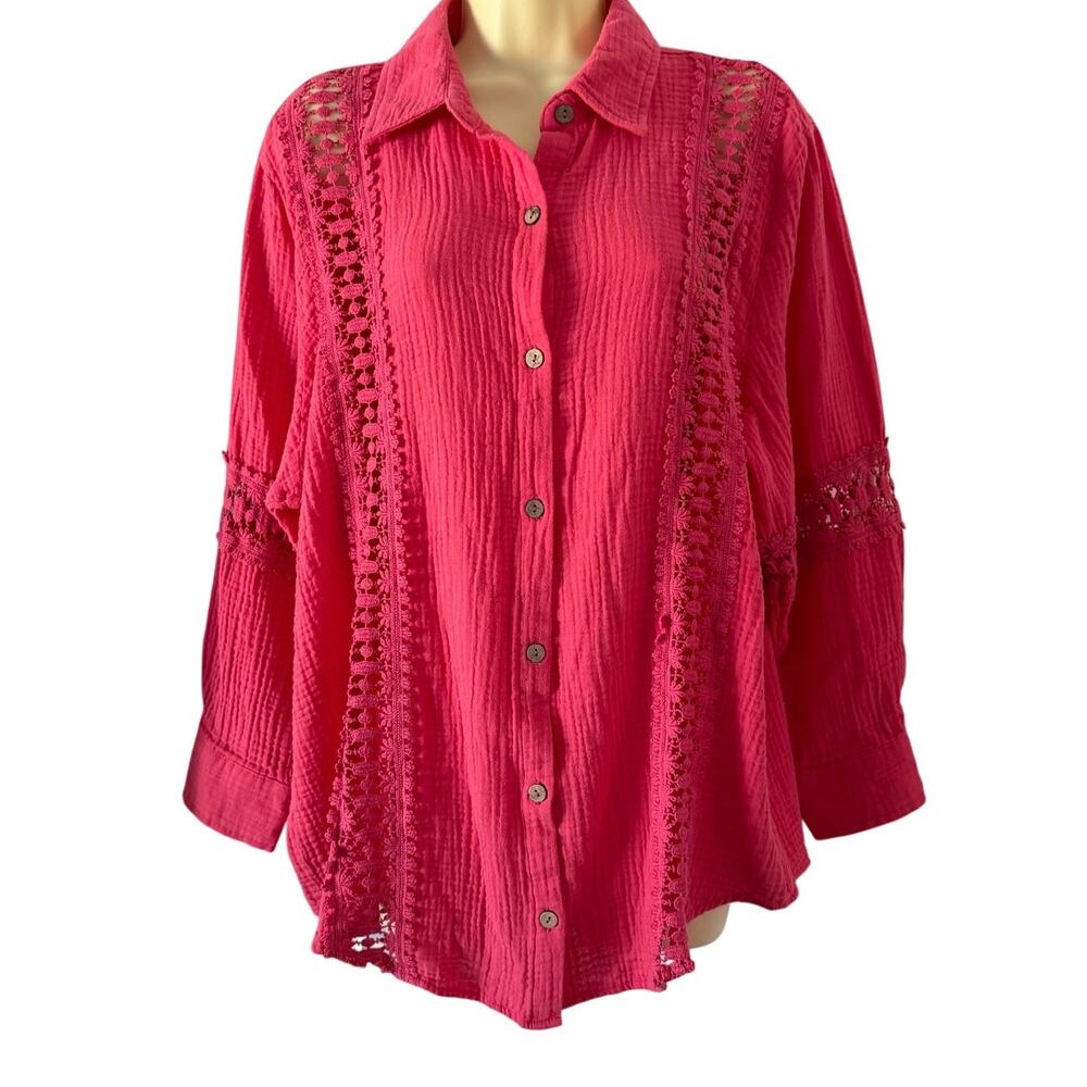 Surf Gypsy Coral Pink Blouse Swim Coverup Lace Insets Size Medium Summer Beach